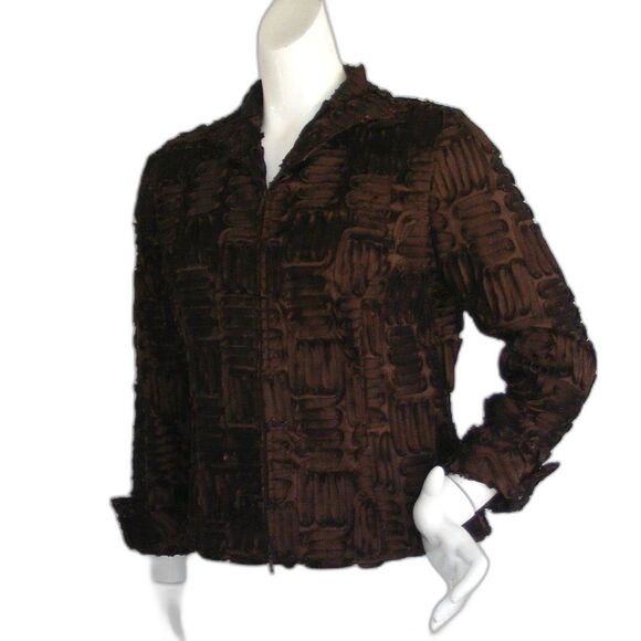 SAMUEL DONG Jacket, M, Brown, Ribbon Strips, Zipper front, Hand Wash - Picture 3 of 14